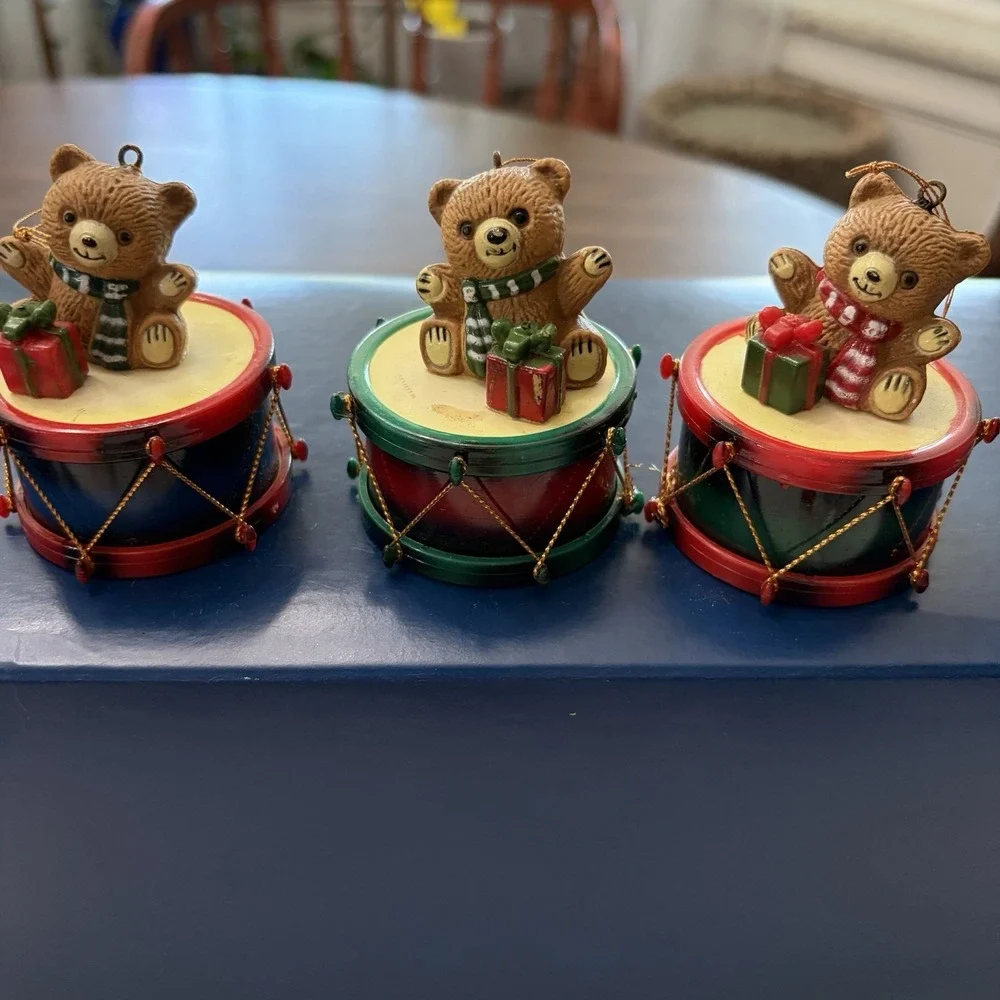 Vintage Teddy Bear Drum Christmas Ornament Set Of 3 Gift Bear Holiday